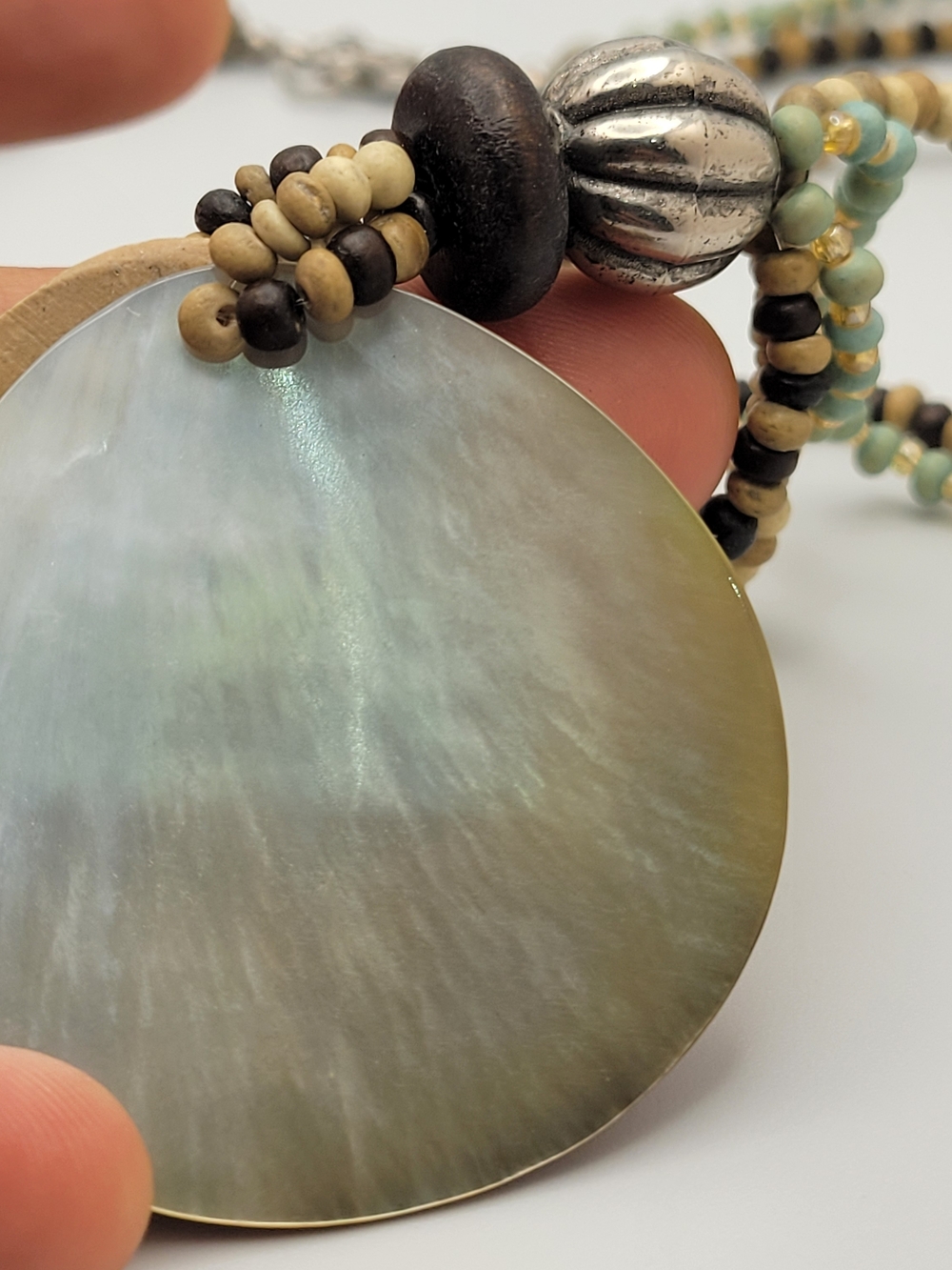 Boho Multi-Strand Beaded Necklace with Beige and Black Pendant - Picture 6 of 7